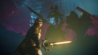 Screenshot from Enshrouded showing a knight with a glowing sword facing off against a large helmeted foe in an underground-looking area