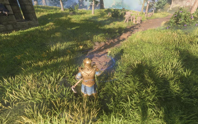 The player-character looks at a dirt road in the grass.