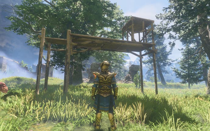 The player-character looks up at the two types of scaffolding, both made of wood with ladders and platforms to support the player.