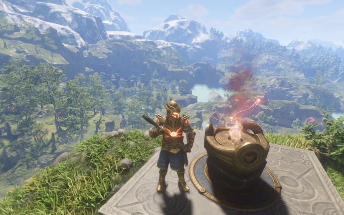 The player-character stands on a clifftop, with a stone Flame Altar emitting purple flames next to him.