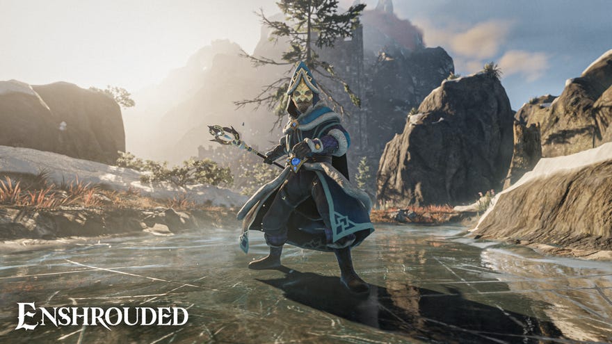 A character wearing furry robes and holding a club in Enshrouded’s new mountain area
