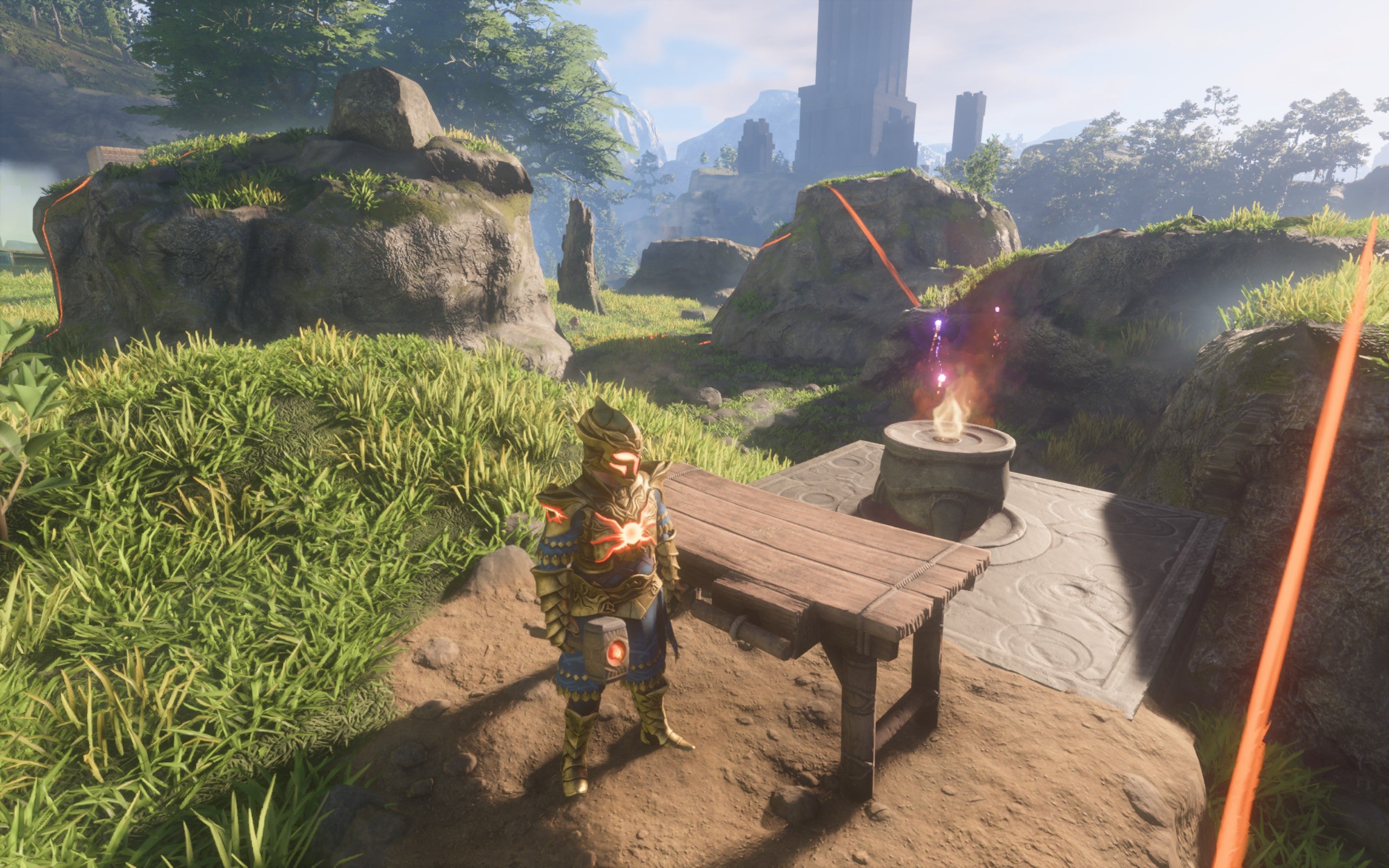 The player-character holds a hammer and stands next to a wooden Workbench.