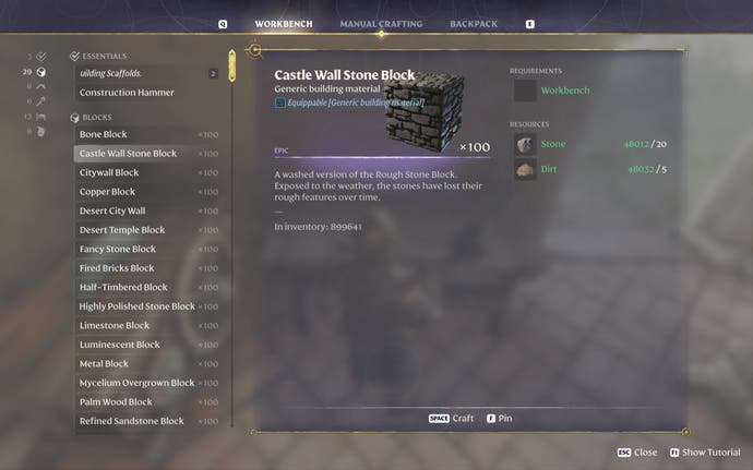 Enshrouded’s in-game menu listing the different types of Building Blocks, and their crafting recipes.