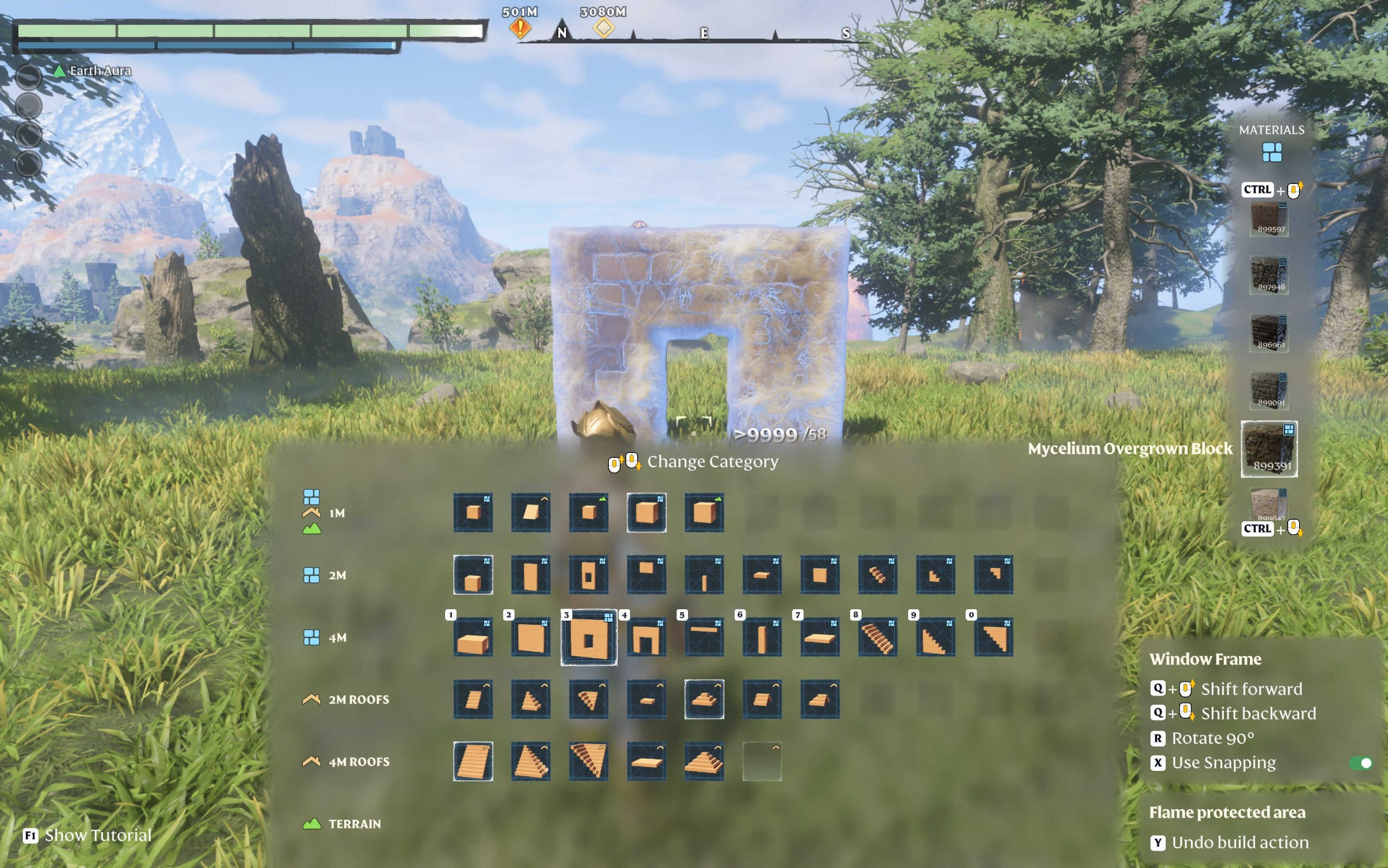 Enshrouded’s building system menu, which allows the player to scroll between different build shapes and materials, and preview the piece as a glowing shape.