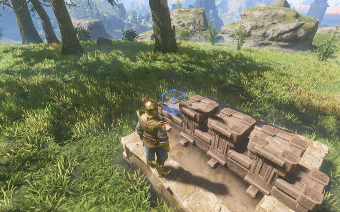 The player-character stands in front of a line of small blocks, showing how individual bricks can be placed or deleted to create battlement-style crenellations.