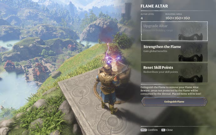 Enshrouded’s in-game menu for Flame Altars, which allows players to upgrade an Altar, strengthen The Flame, reset their skill points or extinguish the Altar.
