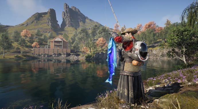 A character holding up a luminescent fish in Once Human.