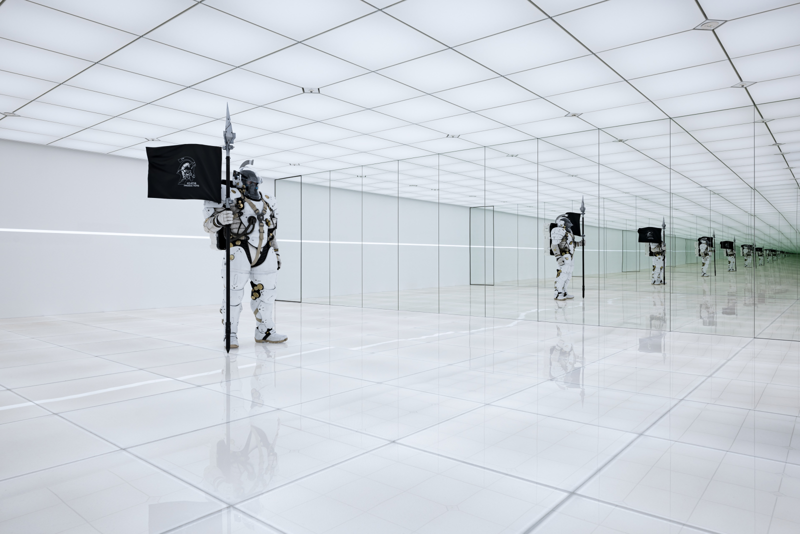 The Ludens Room in Kojima Productions, showing Ludens statue in white room with infinite mirrors