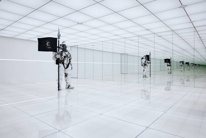 The Ludens Room in Kojima Productions, showing Ludens statue in white room with infinite mirrors