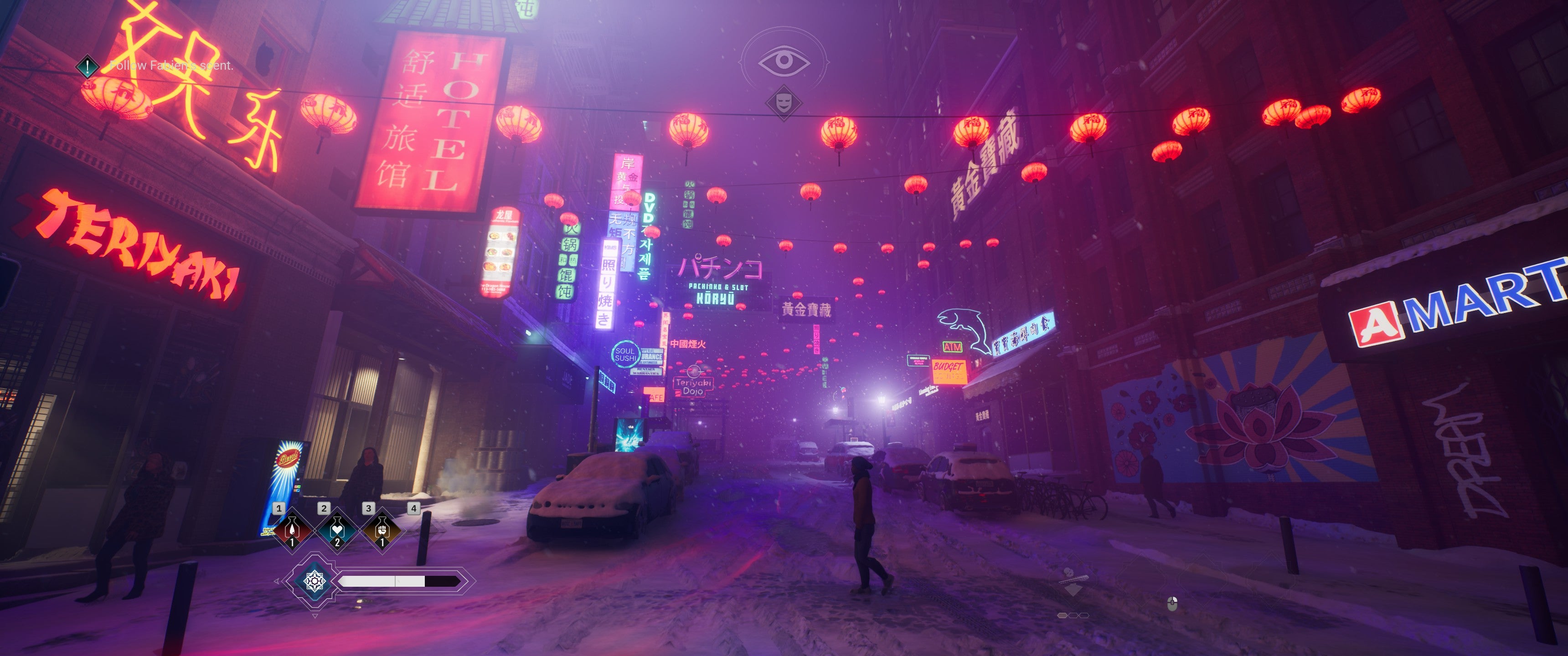 A city street at night hung with glowing lettering and lanterns from Vampire: The Masquerade - Bloodlines 2. - 9