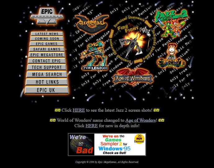 The Epic Games website front page from the 1990s
