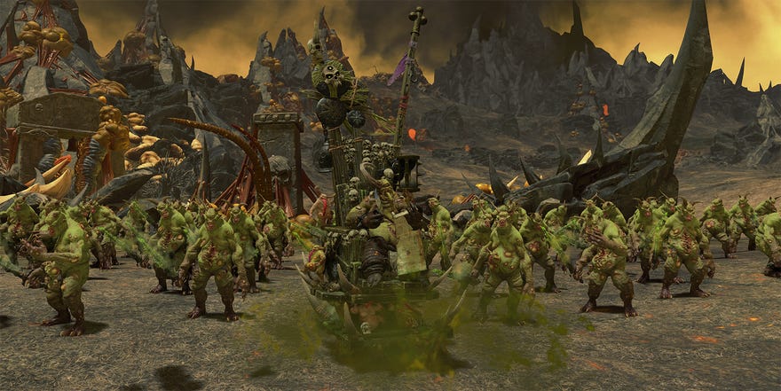 The Chaos Nurgle Lord Epidemius in Total War: Warhammer 3 - a green rotten figure on a palanquin