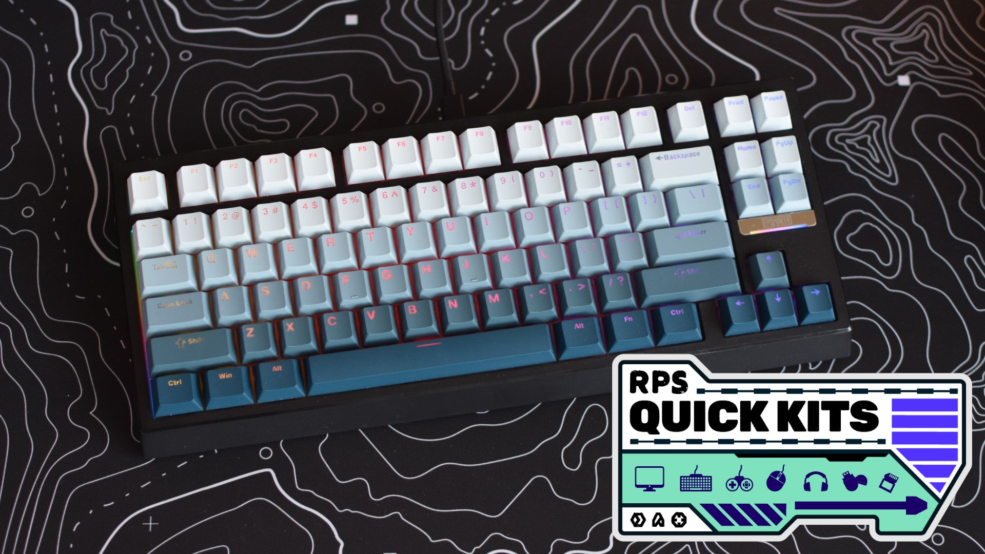 The Epomaker G84 HE gaming keyboard on a black and white mousemat. The RPS Quick Kits logo is added in the bottom right corner.