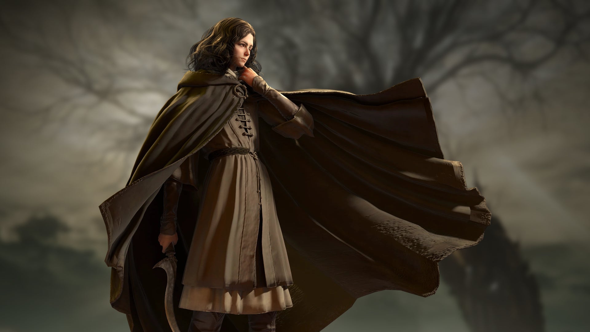 Melina stands over a slightly desaturated version of the Erdtree in the Lands of Shadow. - 1