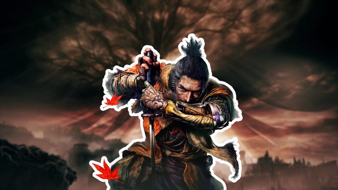 Wolf, the main character from Sekiro, leans on his sword. He's imposed over the a veiled version of the Erdtree from Elden Ring, with a shadowed city beneath.