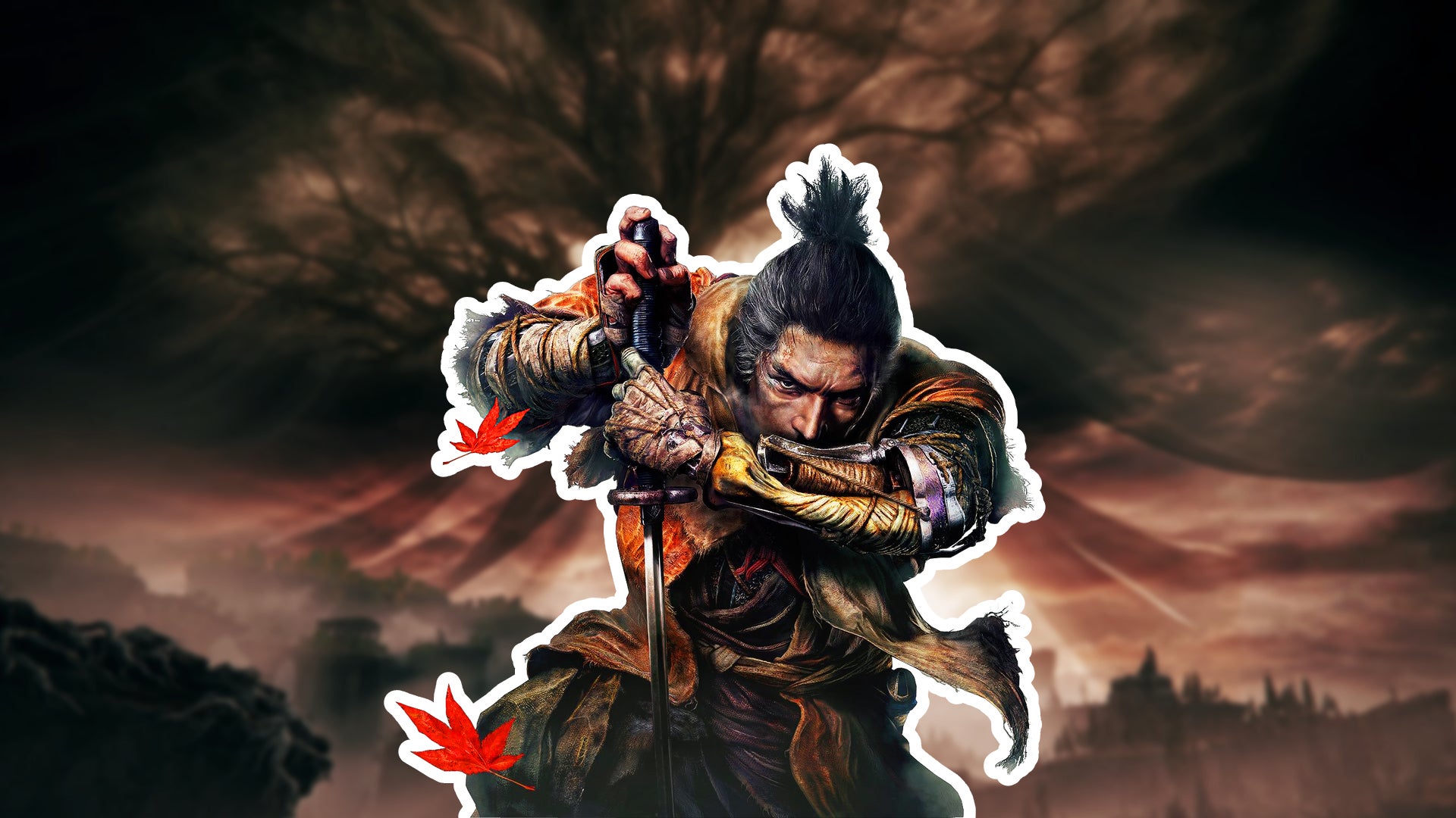 Wolf, the main character from Sekiro, leans on his sword. He's imposed over the a veiled version of the Erdtree from Elden Ring, with a shadowed city beneath. - 1