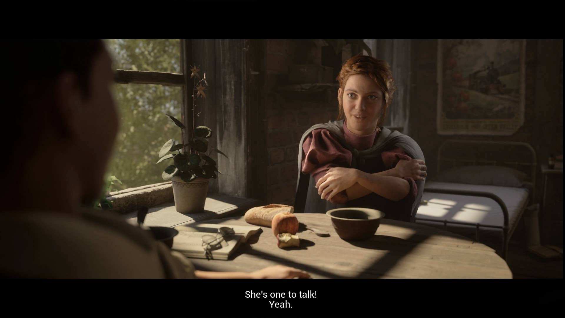 Eriksholm screenshot showing Hannah talking to you over a table during a cutscene