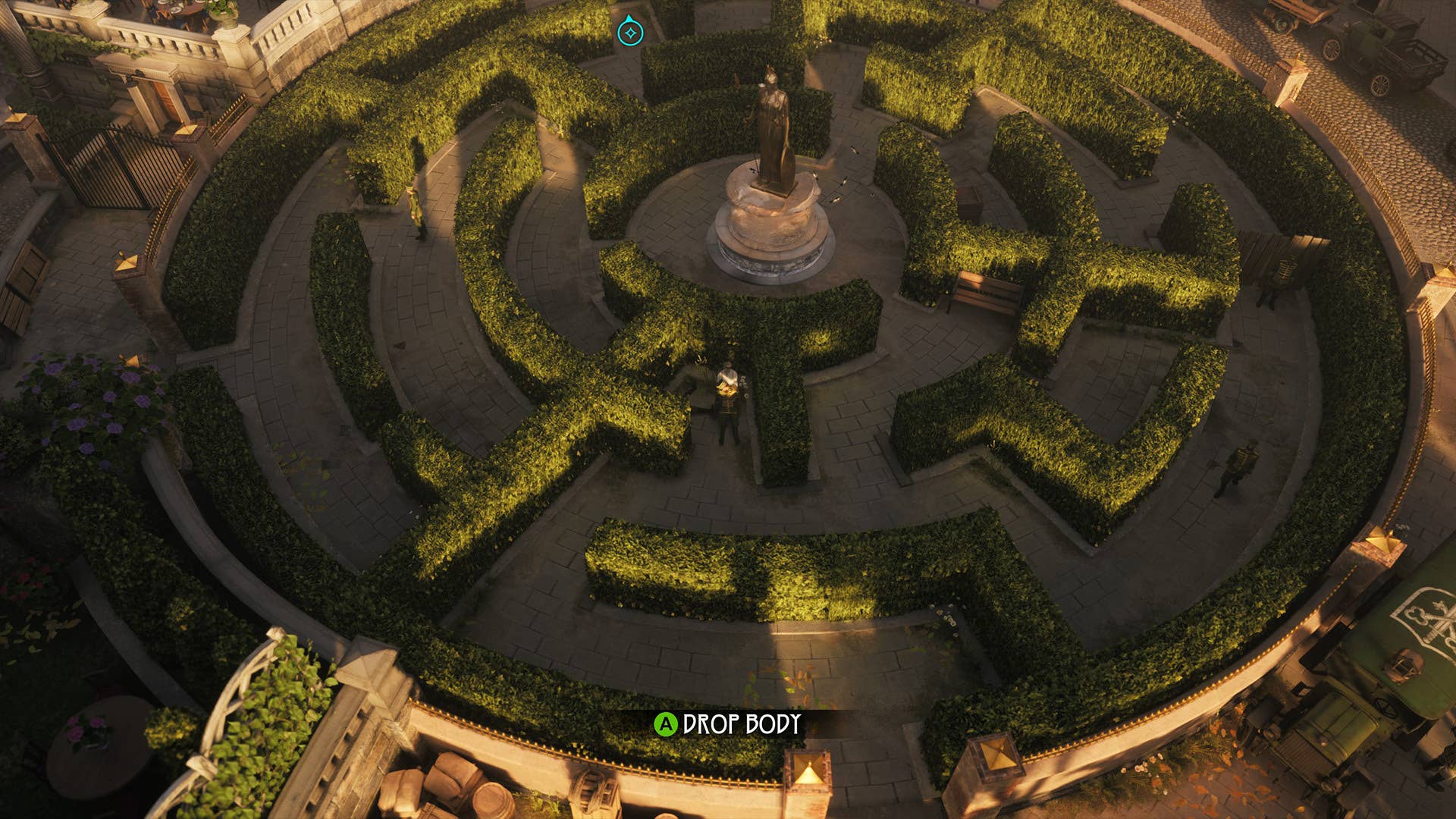 Eriksholm screenshot showing an aerial view of you sneaking through a hedge maze