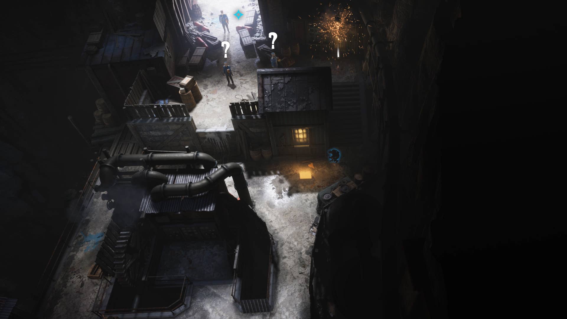Eriksholm screenshot showing you sneaking through a grey industrial area at night with question mark symbols over enemy heads