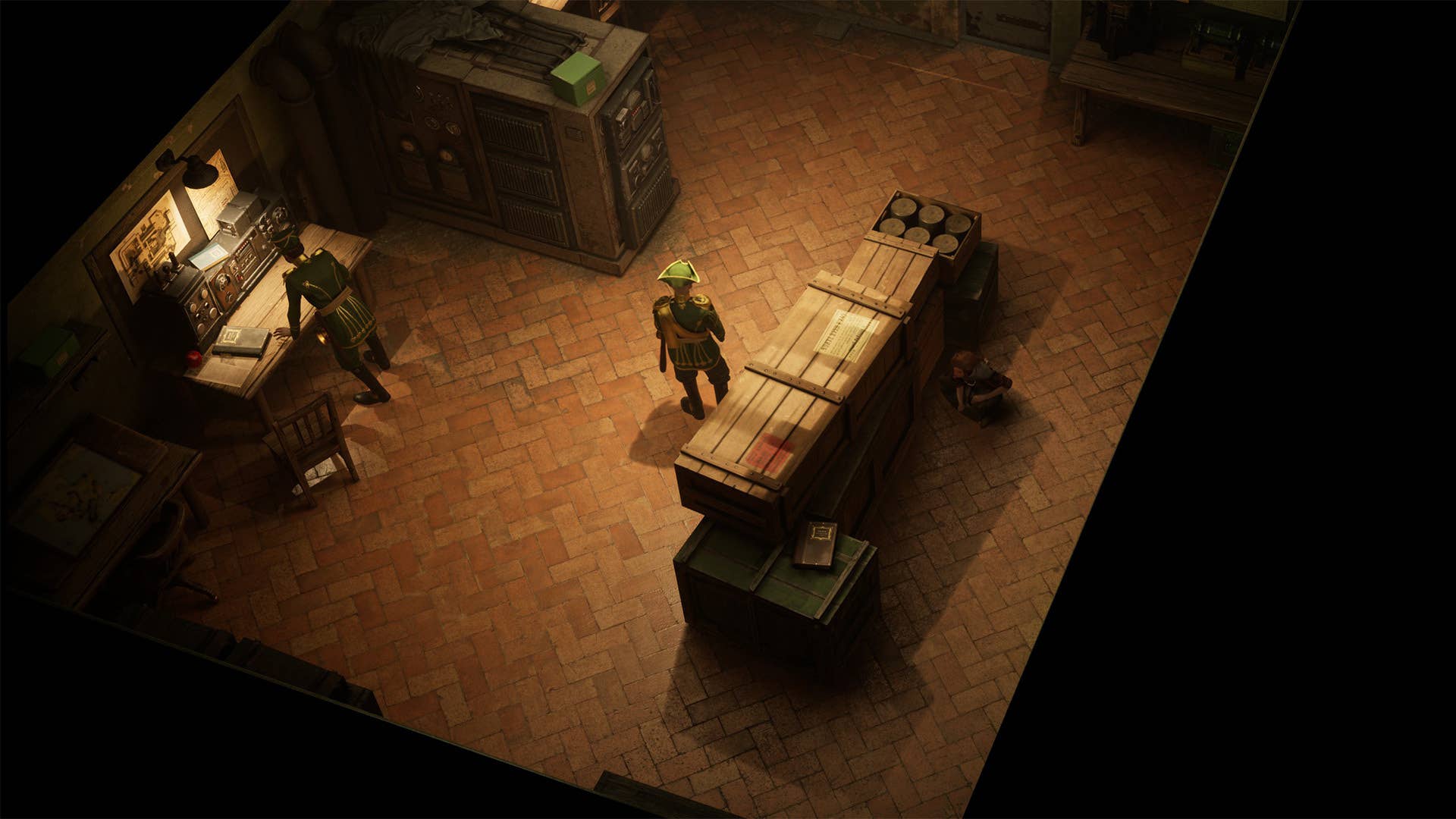Eriksholm screenshot showing you sneaking by a guard in an office, while behind a pile of crates