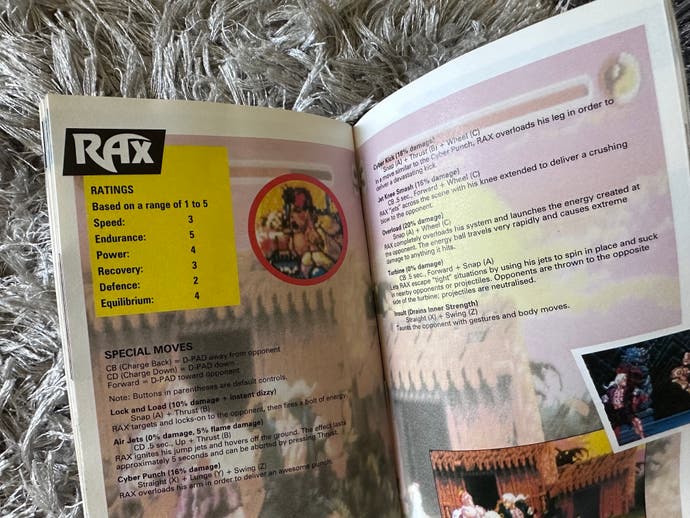 The Eternal Champions manual, open to a page on Rax, one of the characters