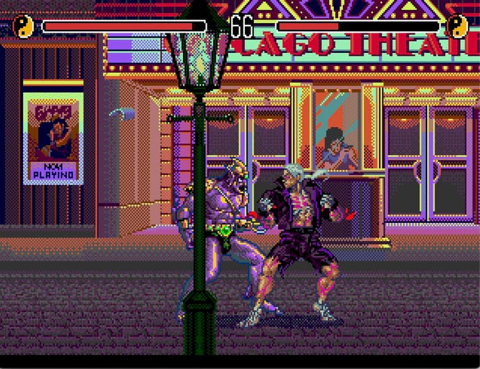 Eternal Champions screenshot - two characters fight in front of an old cinema.
