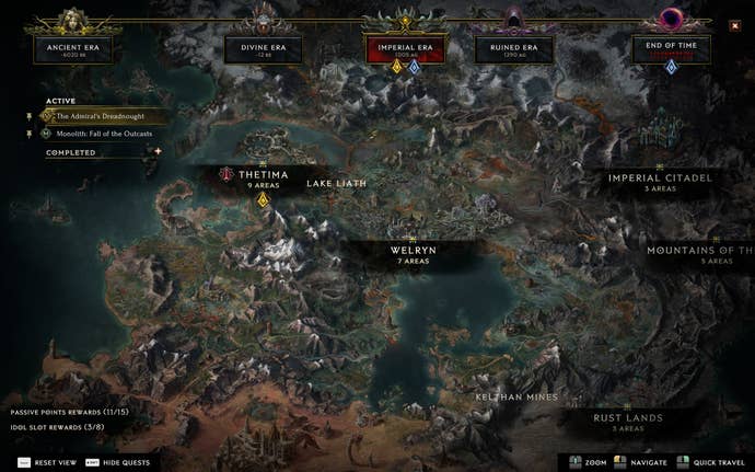 Last Epoch screenshot showing Last Epoch’s world map, which has a high fantasy style. The map shows cities around the world, along with fast travel points and quest markers. At the top of the map are options for different eras, allowing the player to time travel.