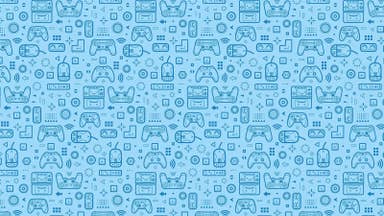 A collection of game controllers on a Eurogamer blue background.