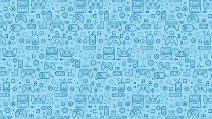 A collection of game controllers on a Eurogamer blue background.