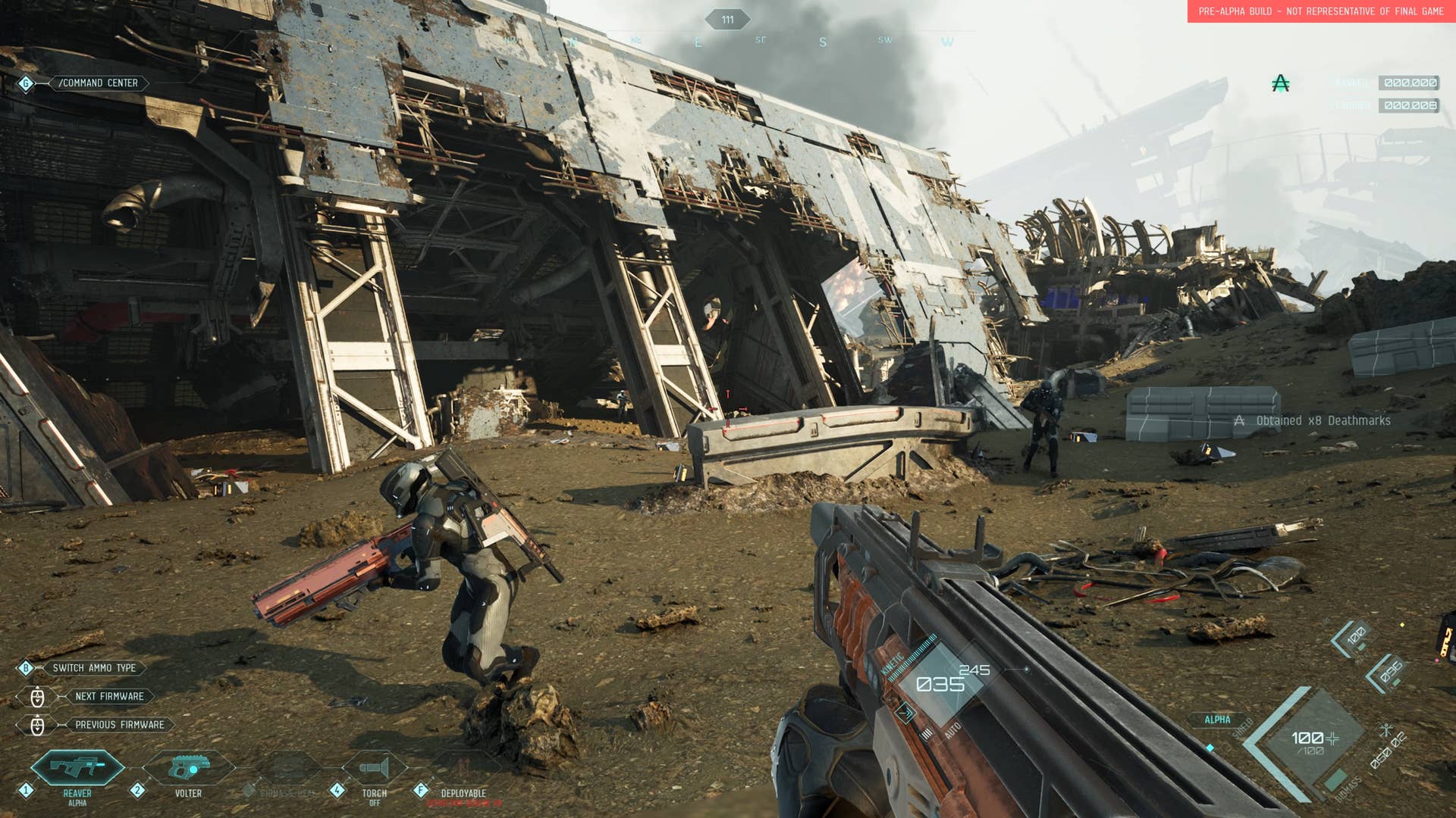 Screenshot of Eve Vangaurd, the player is equipped with a small rifle, and other players are visible on the screen