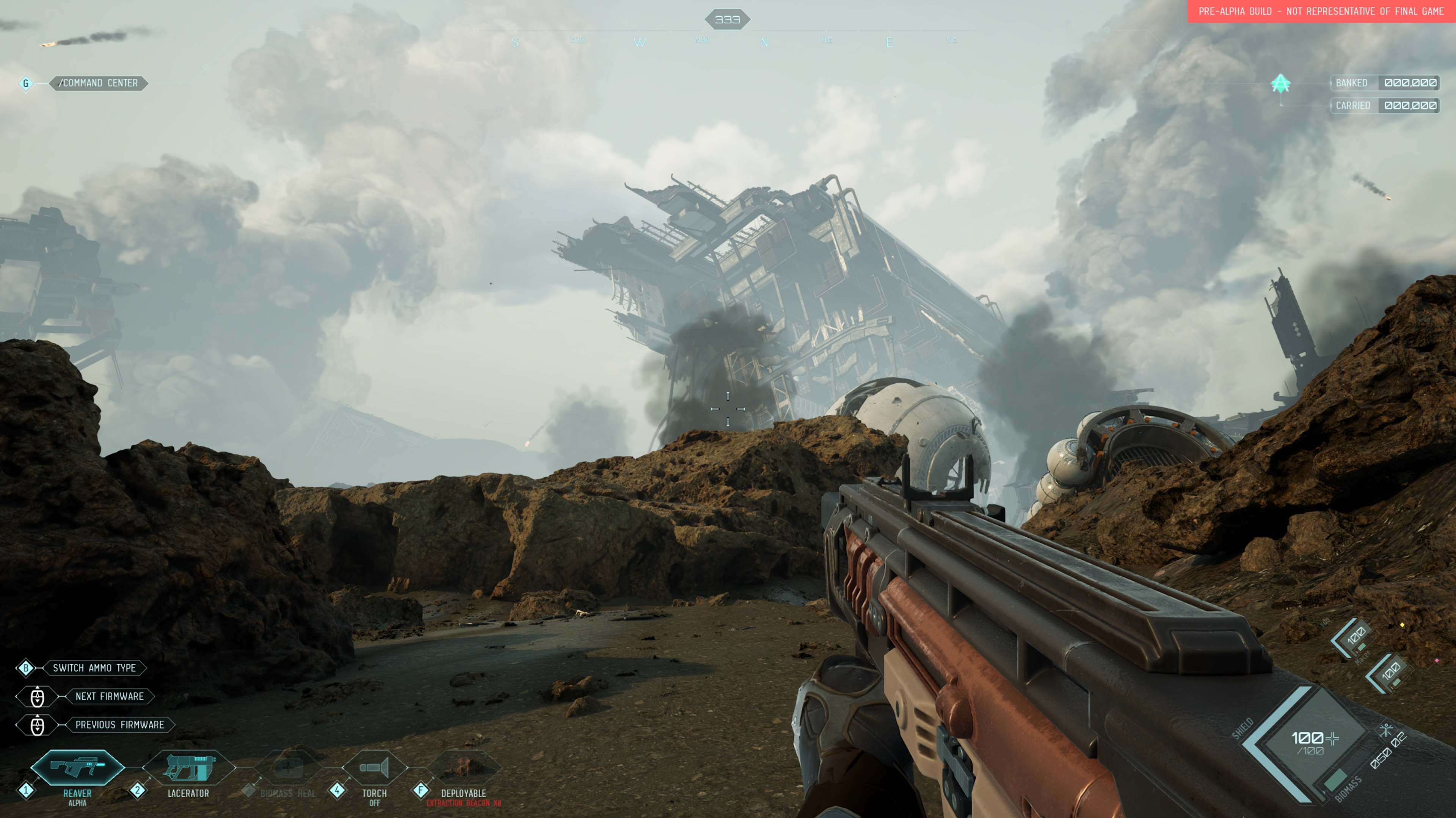 Screenshot of Eve Vangaurd, the player is equipped with a rifle, observing a nearby downed ship