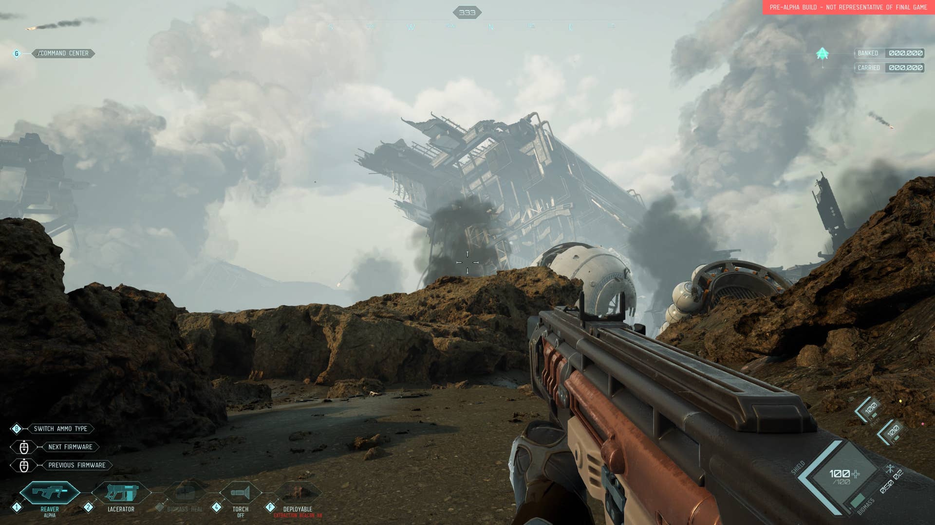 Screenshot of Eve Vangaurd, the player is equipped with a rifle, observing a nearby downed ship