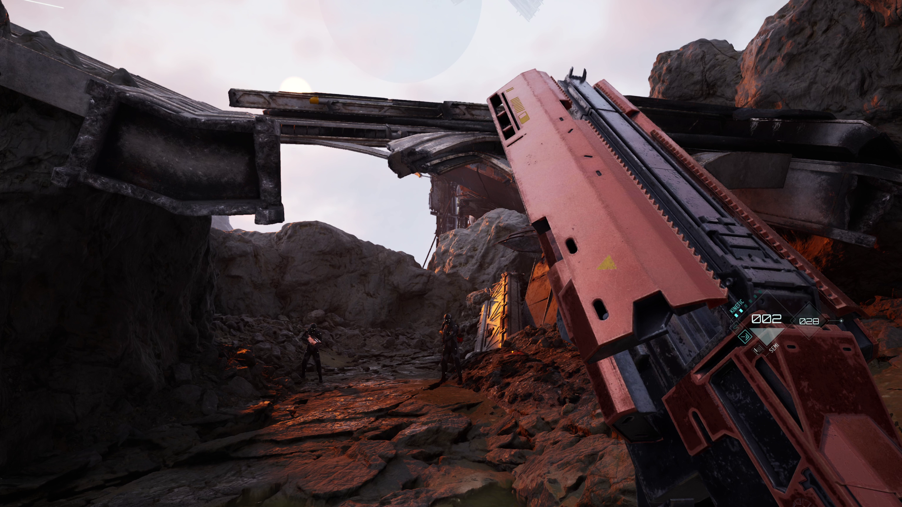 Screenshot of Eve Vangaurd, the player is equipped with a heavy, metal shotgun