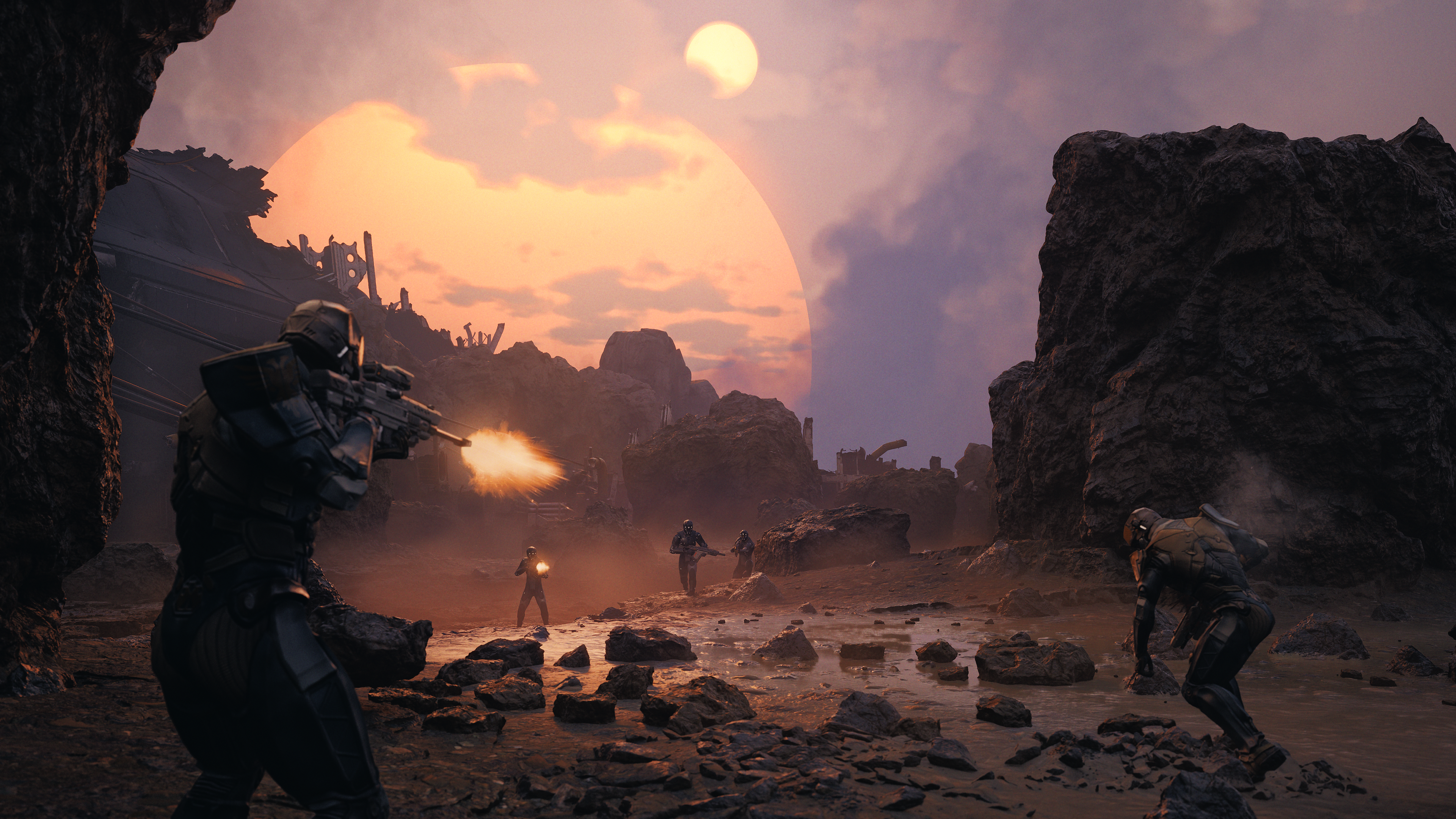 A warclone shoots at enemy soldiers in the shadow of a massive crashed ship in EVE Vanguard.