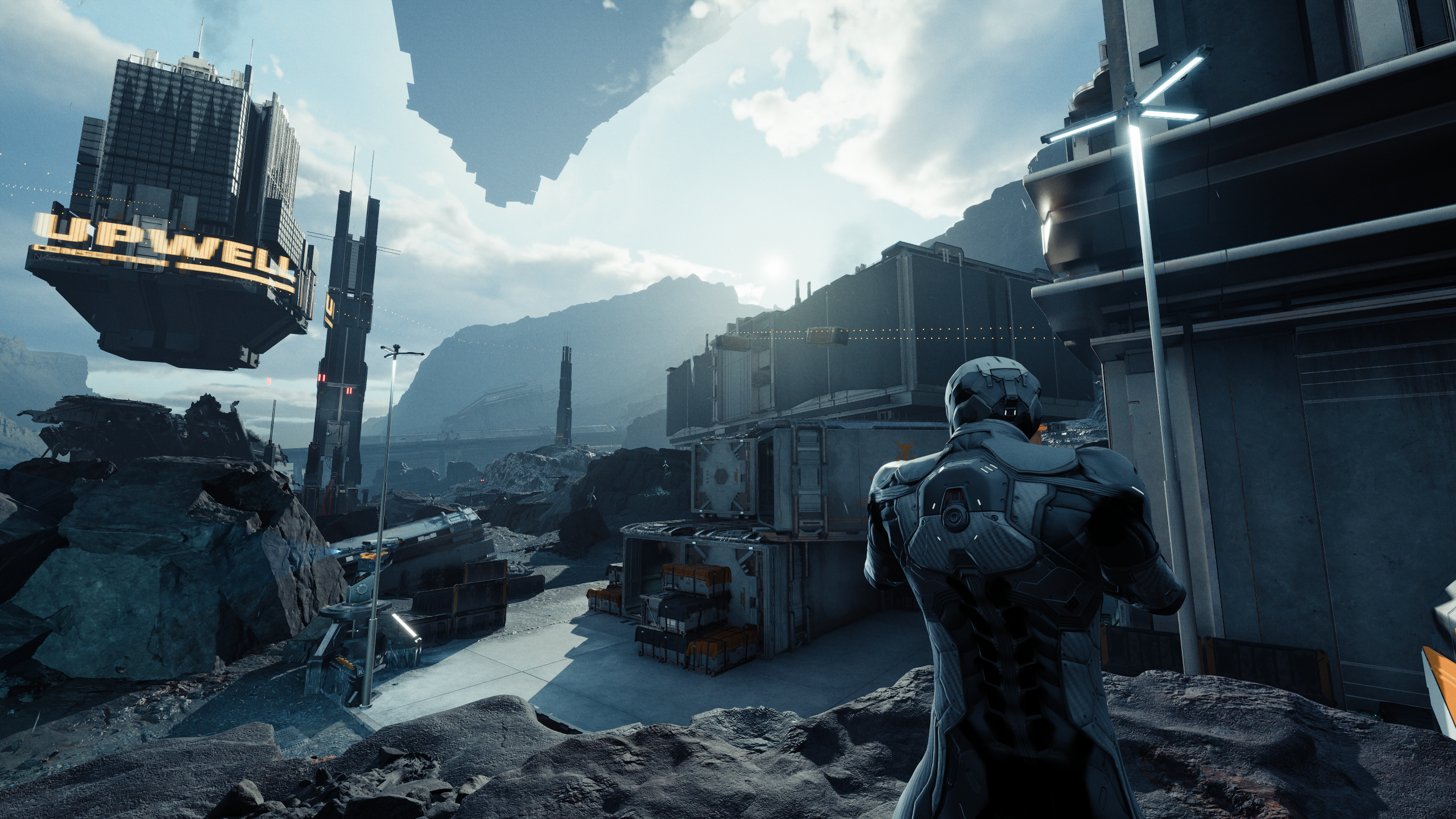 A warclone stands outside the Upwell Command Block in EVE Vanguard.