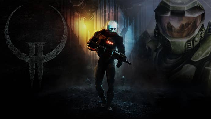 Master Chief from Halo and the Quake symbol behind a character from Eve Vanguard