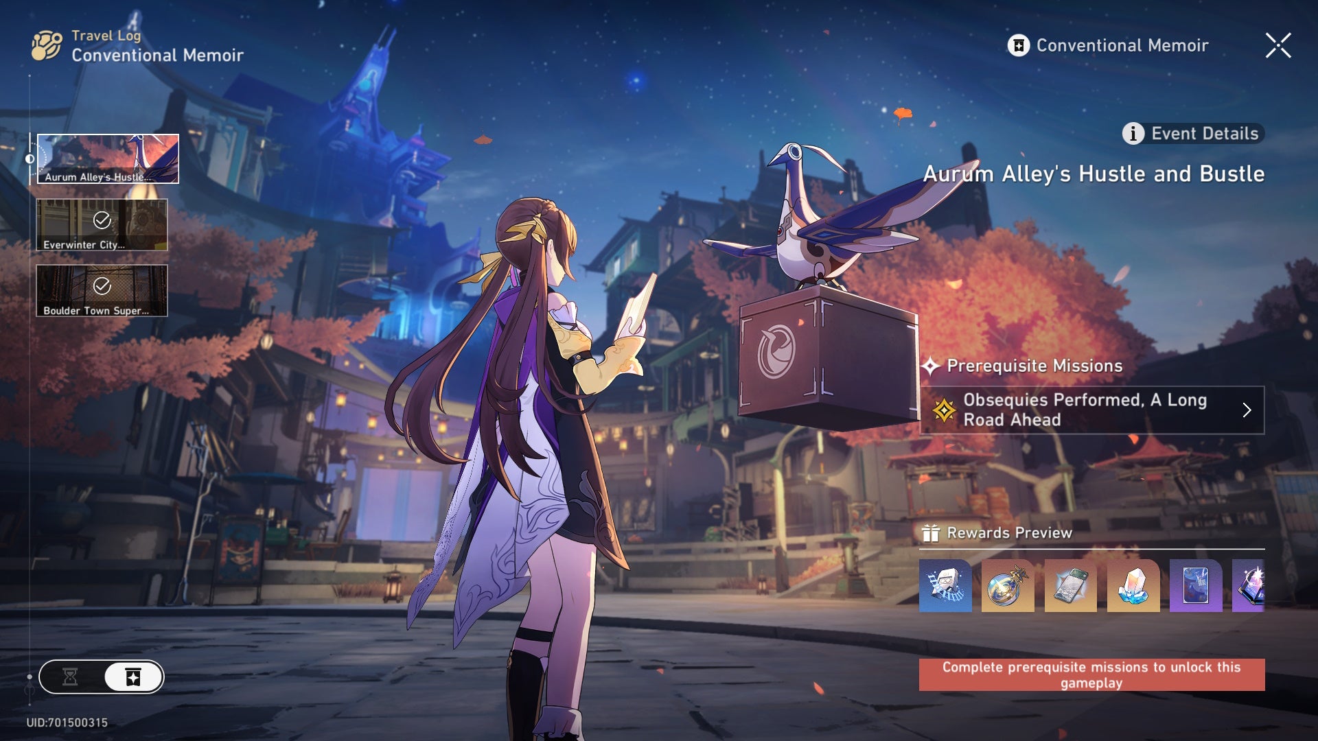 convention memoir event menu showing repeatabale events, with the arrum alley event selected showing sushang reading something on the xianzhou luofa