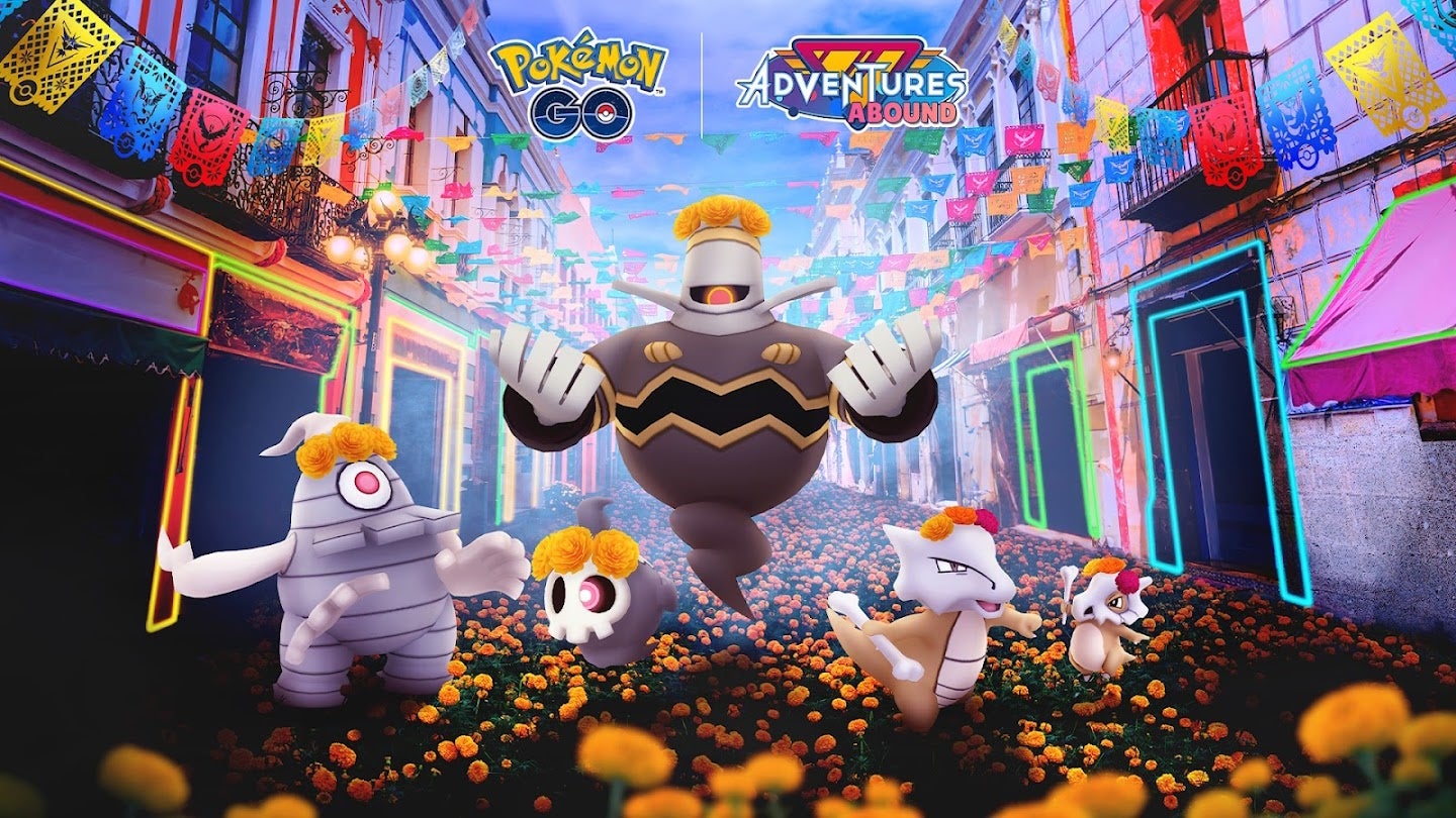 dia de muertos event artwork with cubone, marowak, duskull, dusclops, and dusknoir weaking cempasúchil crowns on a street covered in orange flowers