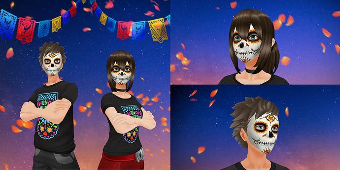 male and female avatars posing with the Día de Muertos face cosmetics apllied