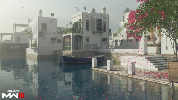 white buildings by a body of water with sun shining on the greece map in modern warfare 3