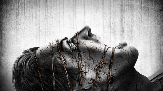 Sebastian's face is wrapped in barbed wire as he looks up in The Evil Within's concept art.