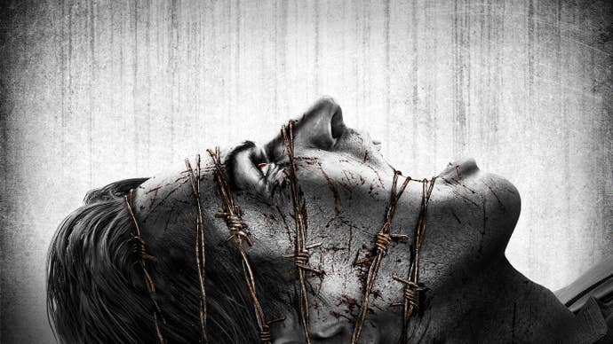 Sebastian’s face is wrapped in barbed wire as he looks up in The Evil Within’s concept art.