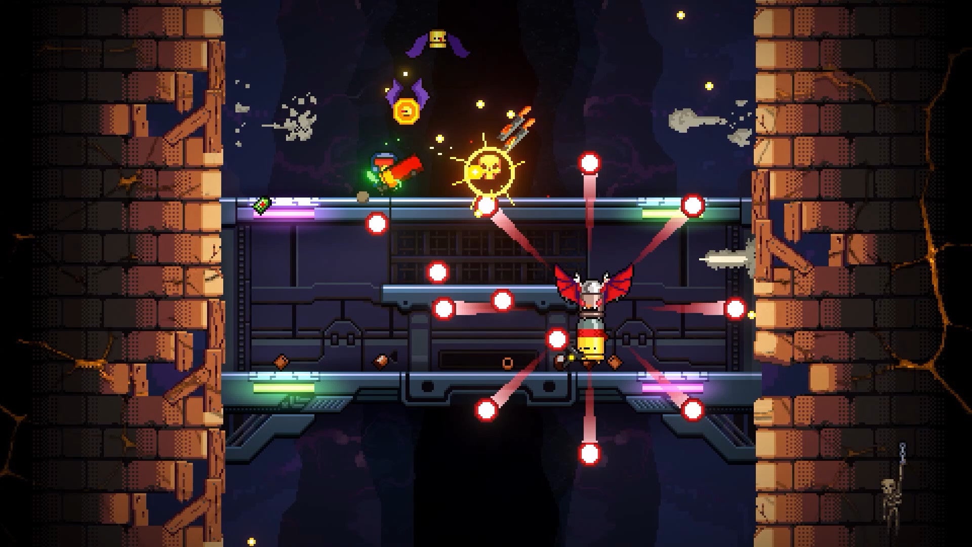 A player ascends a lift while fighting enemies in Exit the Gungeon - 12