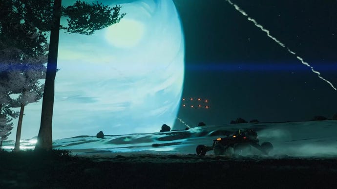 A space buggy in Exo Rally Championship passes some alien trees while a huge blue planet rises in the background
