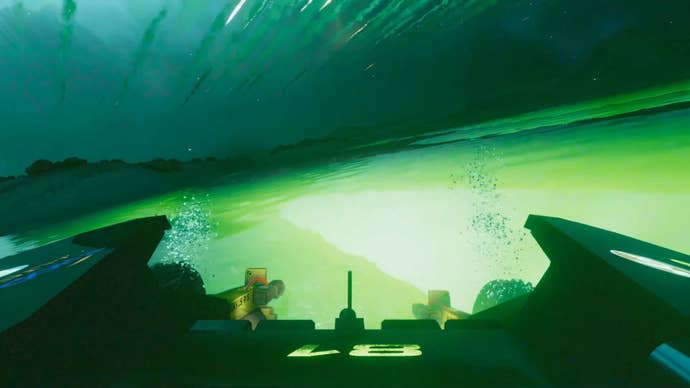 An in-cockpit view in Exo Rally Championship showing a strange green space-lake on an alien planet