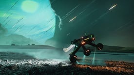 A six-wheeler space buggy in Exo Rally Championship jumps on rocky terrain on an alien planet while a meteor storm starts up in the background