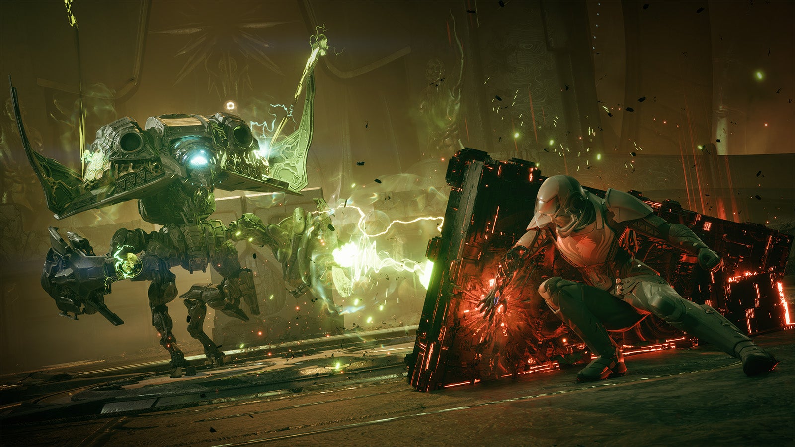 A character hides behind cover as a strange part-mech, part-alien creature fires a plasma blast at them. It looks like the hiding character is creating the cover absorbing the blow.