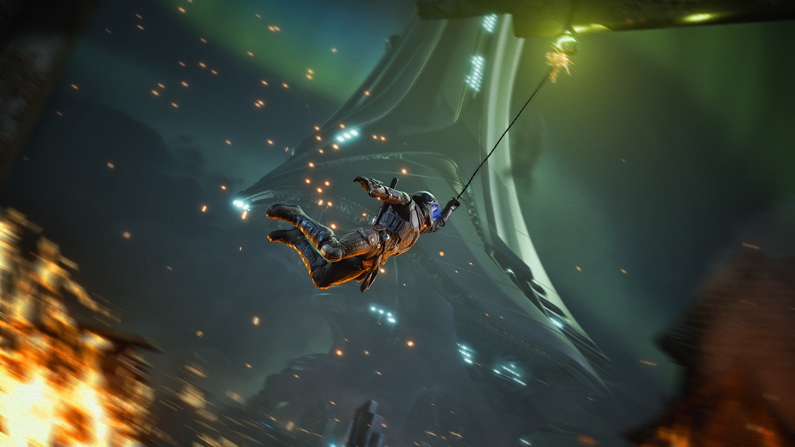 A character in a space combat suit swings on a grappling hook over a fiery area.