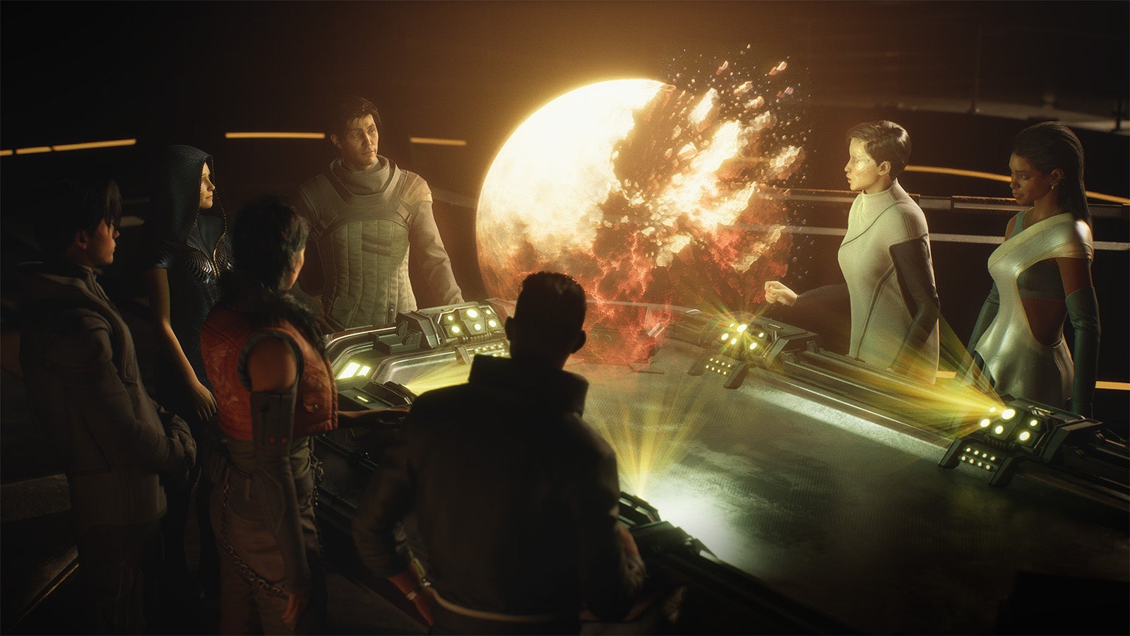 Several characters in spaceship formal attire gather around a large table and holograp of what looks like a broken planet.