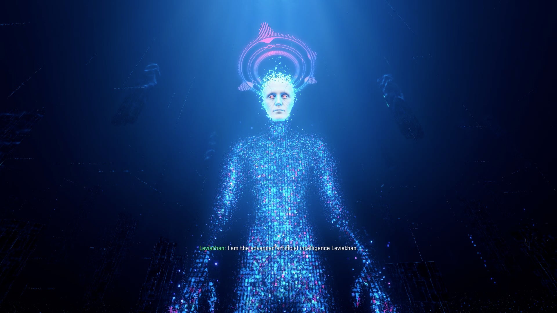 A tall digitized figure known as Leviathan stands alone in an inky void